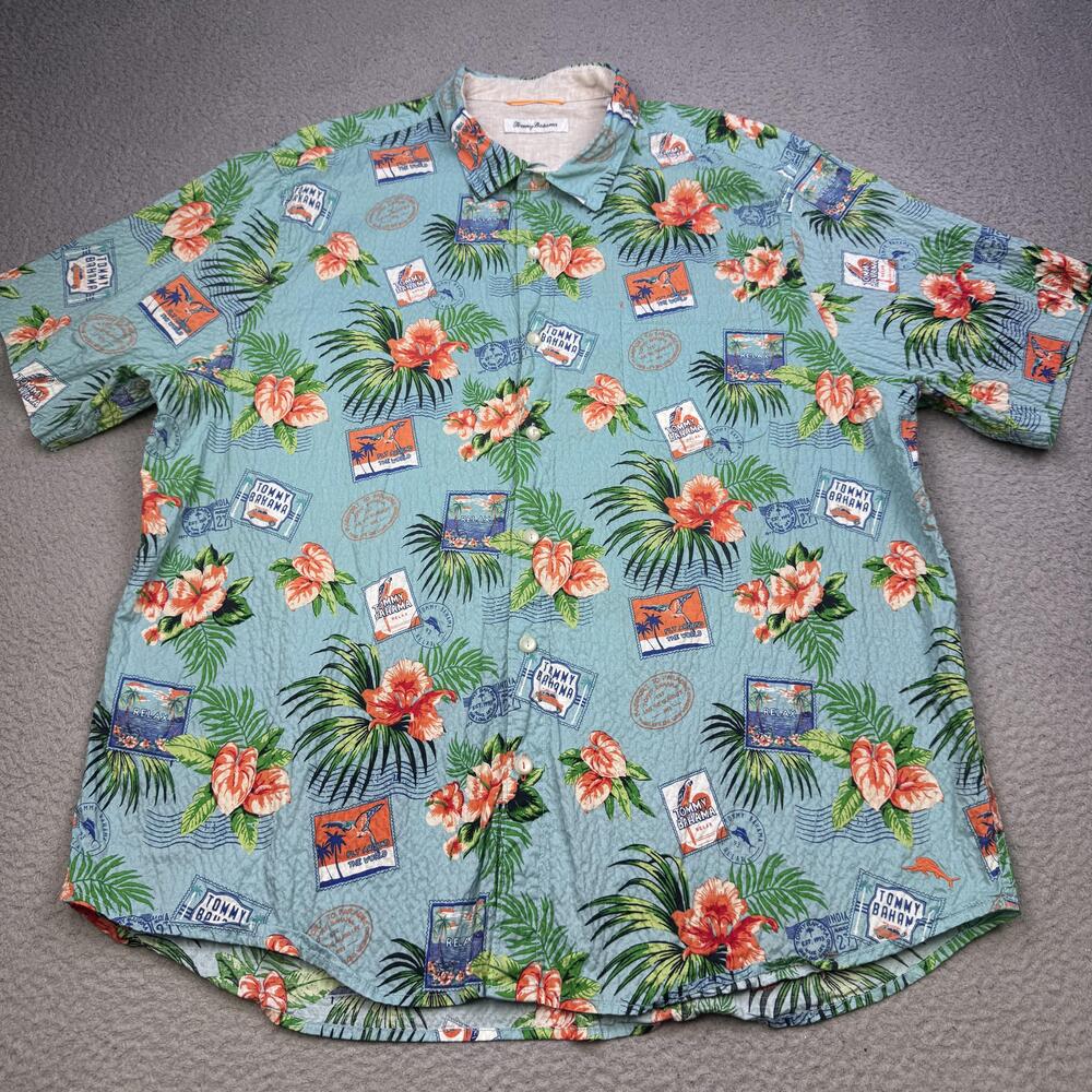Tommy Bahama Shirt Mens 2XL Floral Hawaiian Seersucker Stretch Button Up Casual